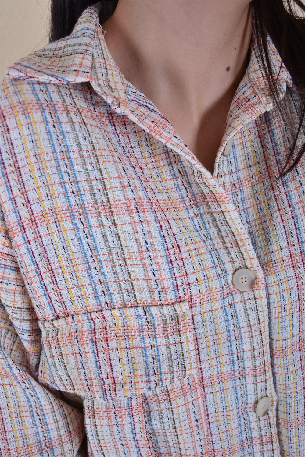 Kadın Pudra Çizgi Desen Oduncu Gömlek III Butik Buruç'ta
