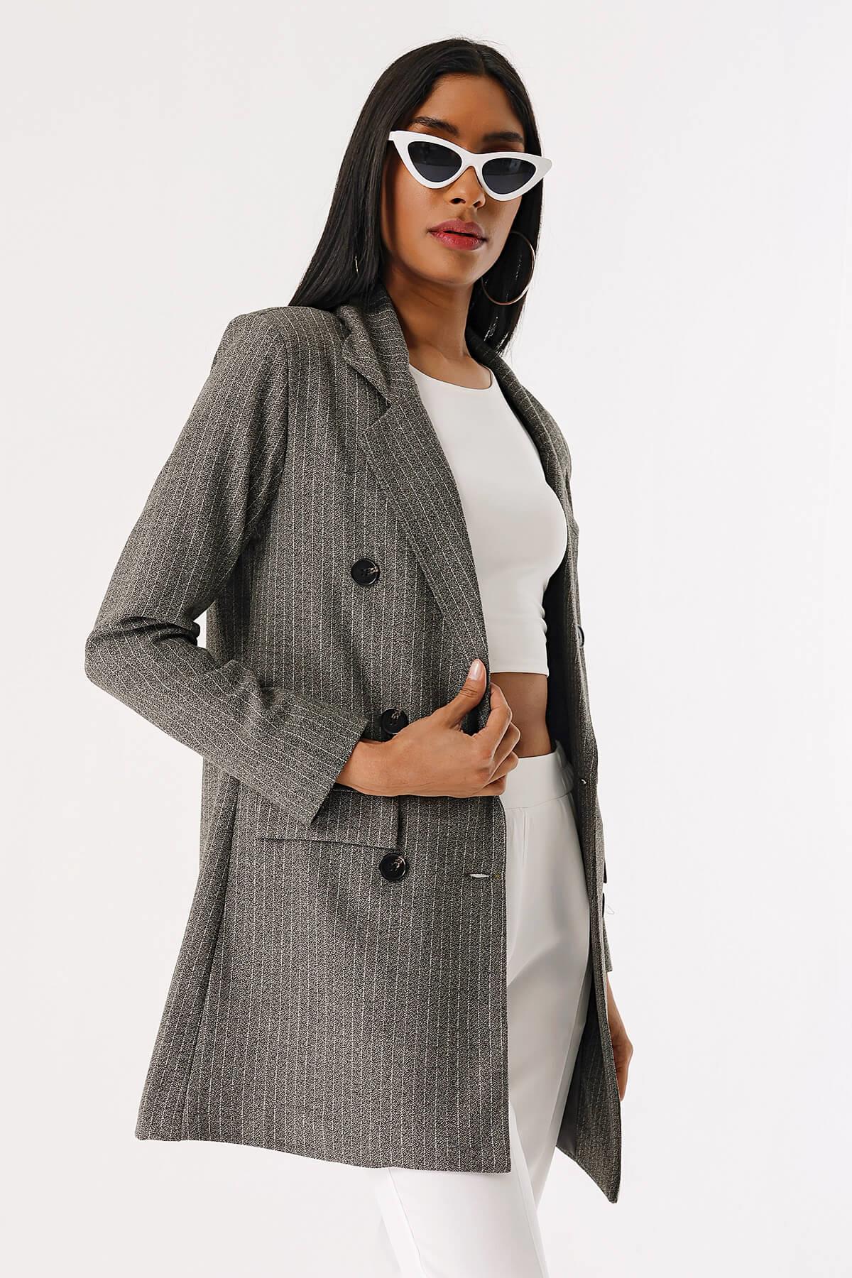 Kadın Gri Çizgili Blazer Ceket - Butik Buruç