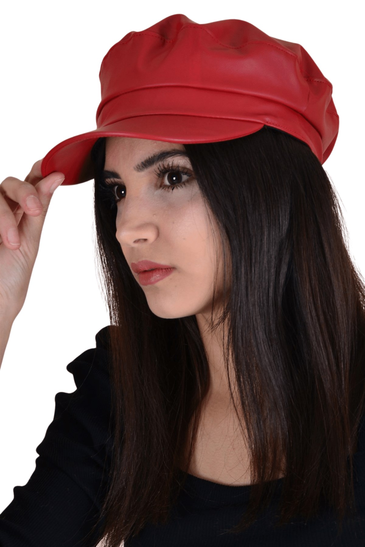 Kadın Kırmızı Deri Kasket Şapka - Butik Buruç