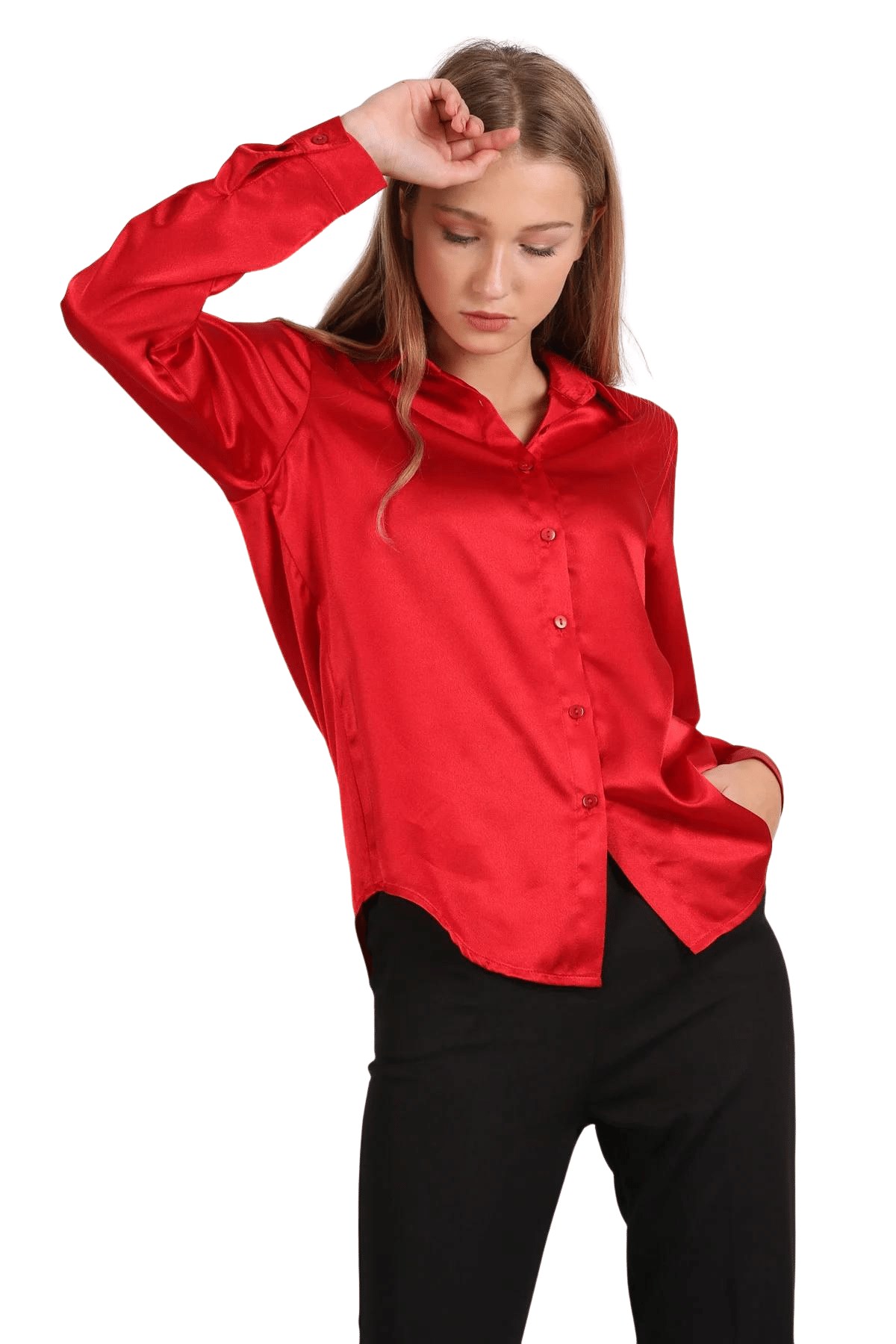Kadın Kırmızı Dökümlü Saten Gömlek - Butik Buruç