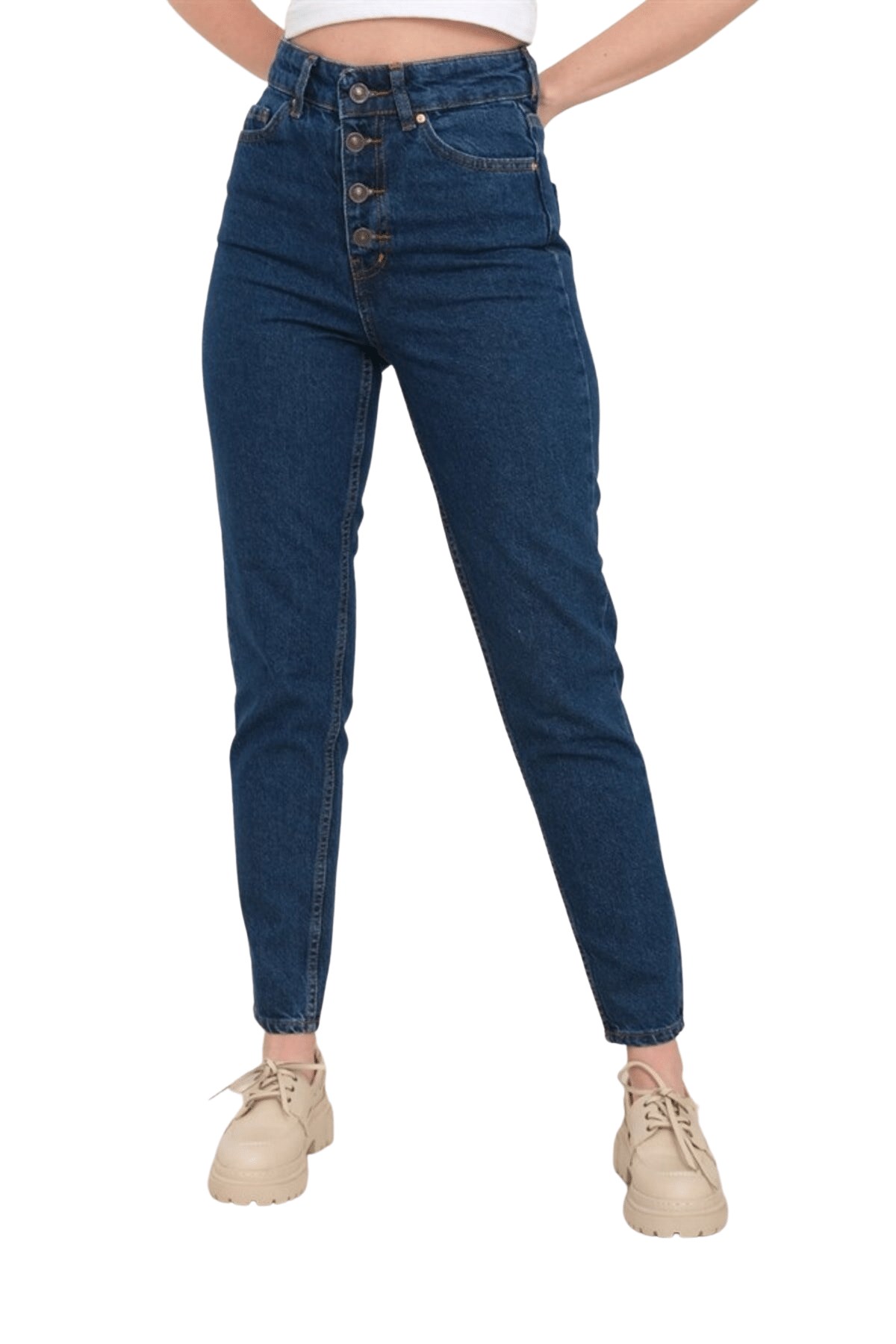 Kadın Koyu Mavi Ön Düğmeli Mom Jean Pantolon - Butik Buruç