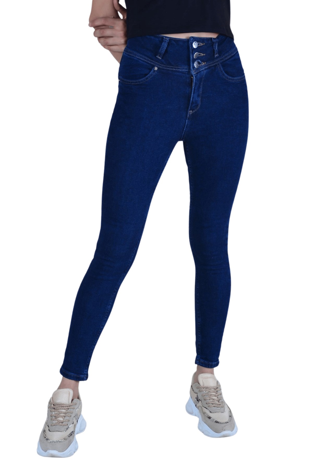 Kadın Koyu Mavi Önden Üç Düğmeli Mom Kot Pantolon III Butik Buruç'ta