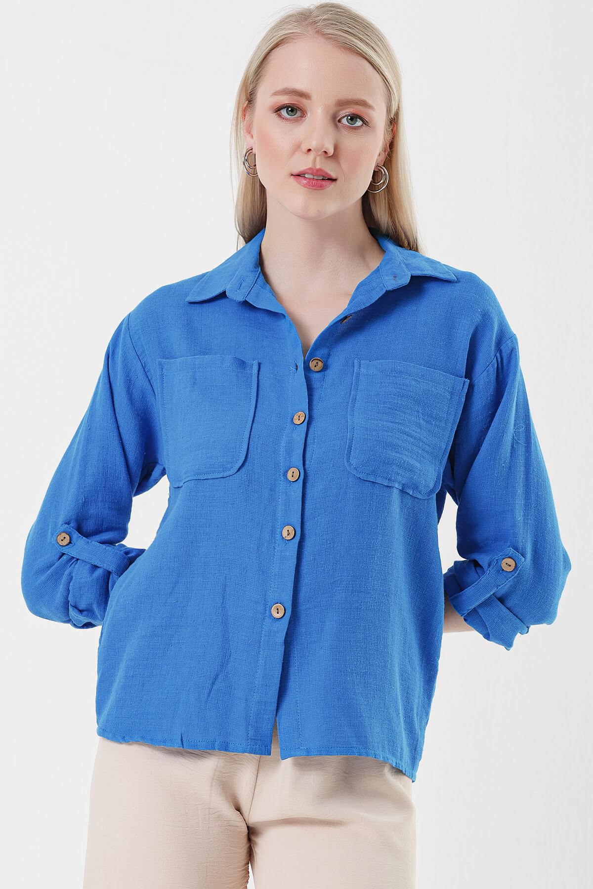 Kadın Mavi Kol Katlamalı Keten Gömlek - Butik Buruç