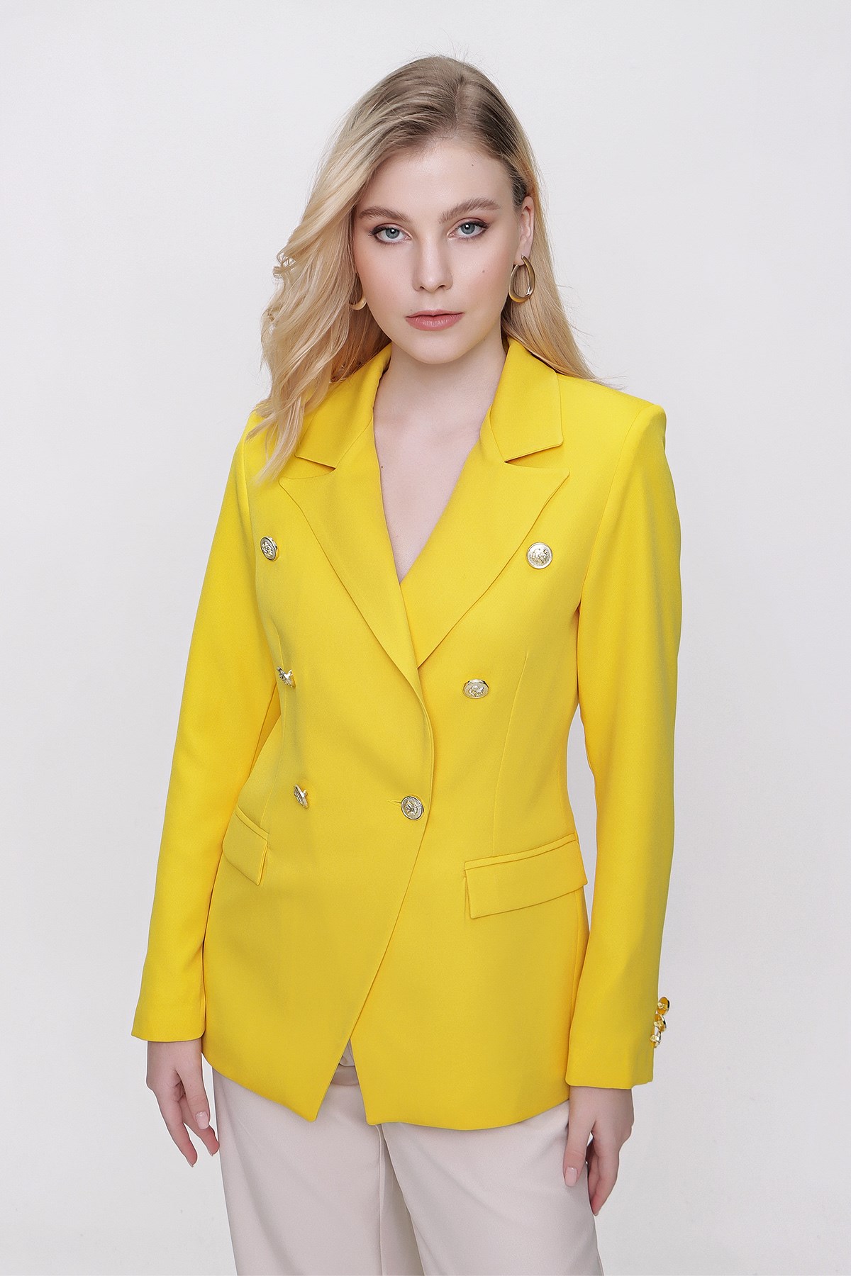 Kadın Sarı Kruvaze Yaka Blazer Ceket - Butik Buruç