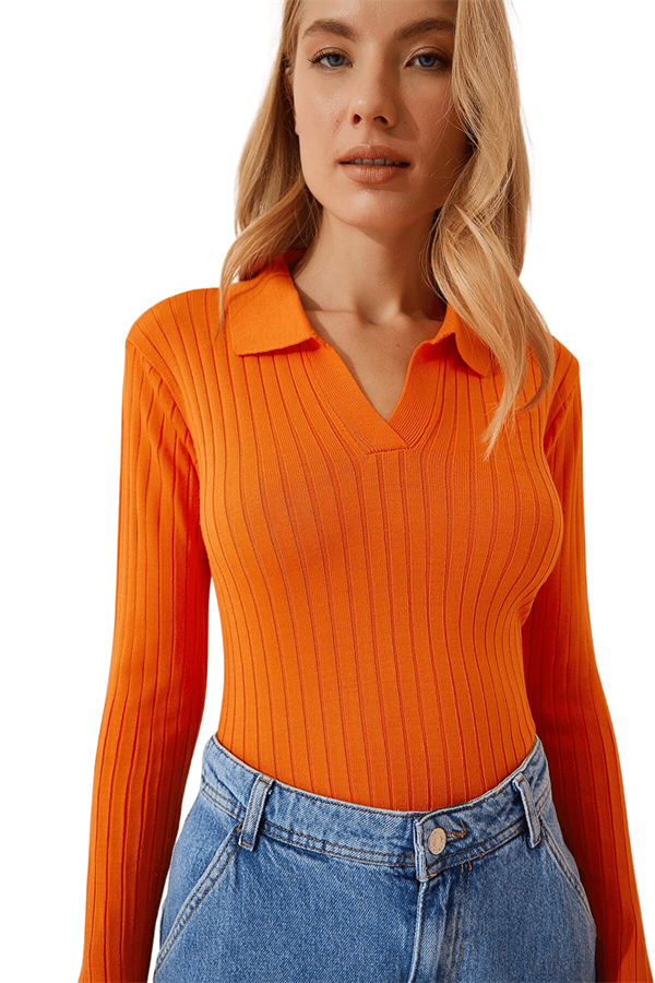 Kadın Orange Polo Yaka Triko Bluz
