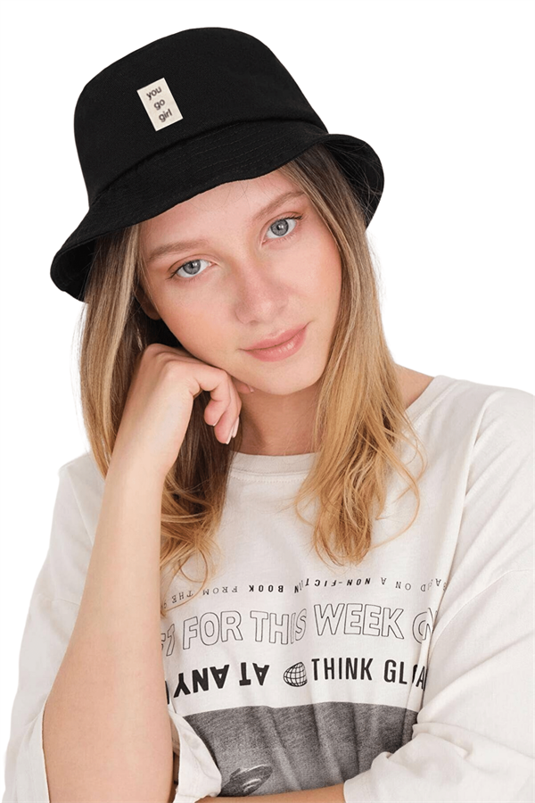 Kasın Siyah Yazı İşlemeli Bucket şapka