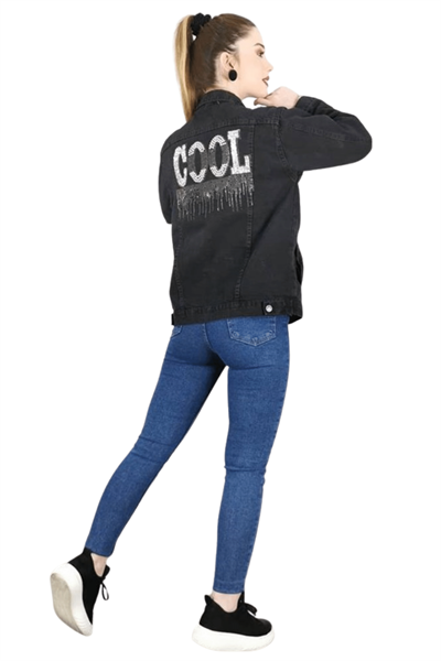 Arkası Cool Yazılı Kadın Kot Ceket - Füme