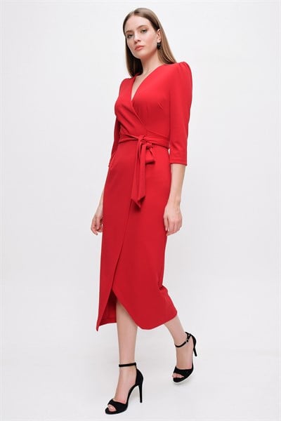 Kadın Kırmızı Kruvaze Yaka Elbise