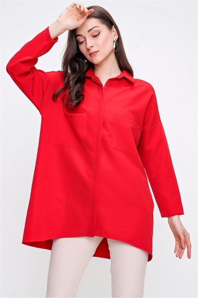 Kadın Kırmızı Gizli Düğmeli Çift Cep Gömlek