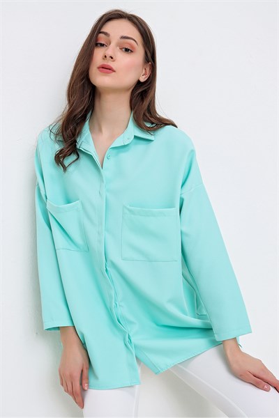 Kadın Mint Gizli Düğmeli Çift Cep Gömlek