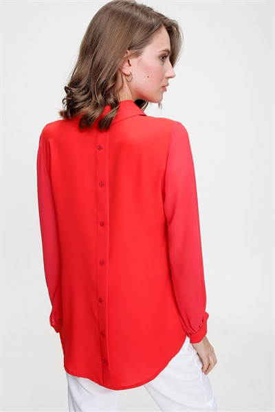 Kadın Kırmızı Kolu Tül Bluz