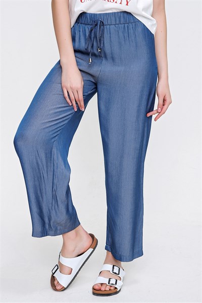 Kadın Koyu Mavi Bel Lastikli Tencel Pantolon