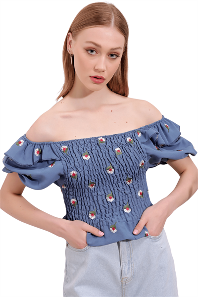 Kadın Mavi Çiçek Desen Gipeli Bluz