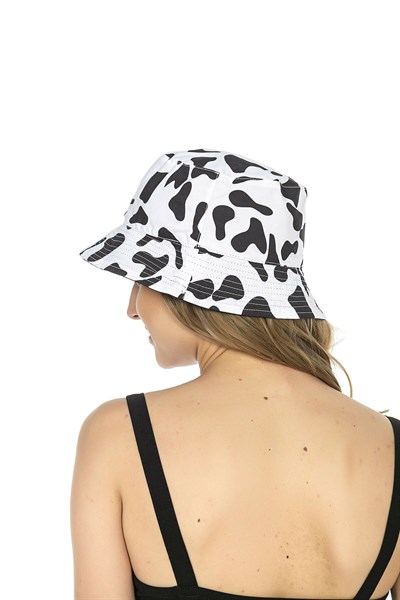 Kadın Beyaz-Siyah İnek Desenli Çift Taraflı Bucket Şapka