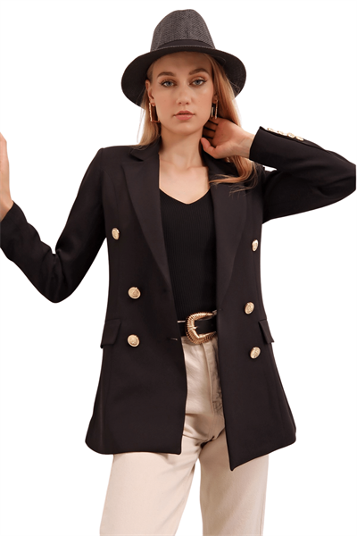 Kadın Siyah Kruvaze Yaka Uzun Blazer Ceket