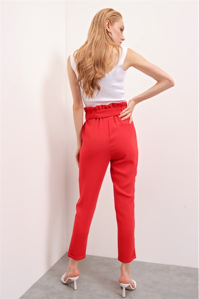 Kadın Kırmızı Yüksek Belli Kemerli Pantolon