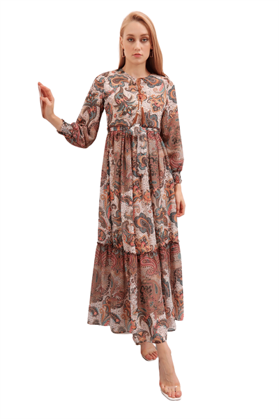 Kadın Bej Desenli Şifon Elbise
