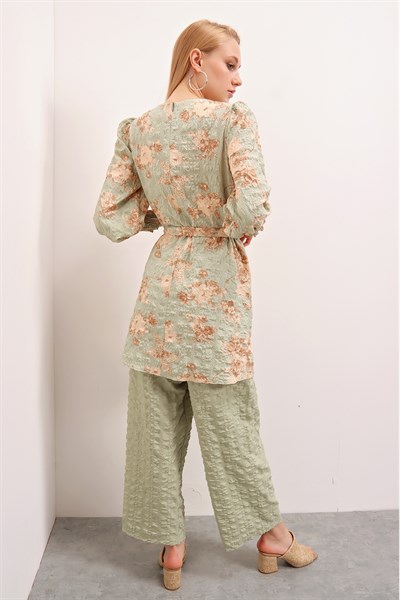 Kadın Mint Çiçek Desenli Tunik Pantolon Takım