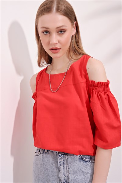 Kadın Kırmızı Omuz Açık Lastikli Bluz