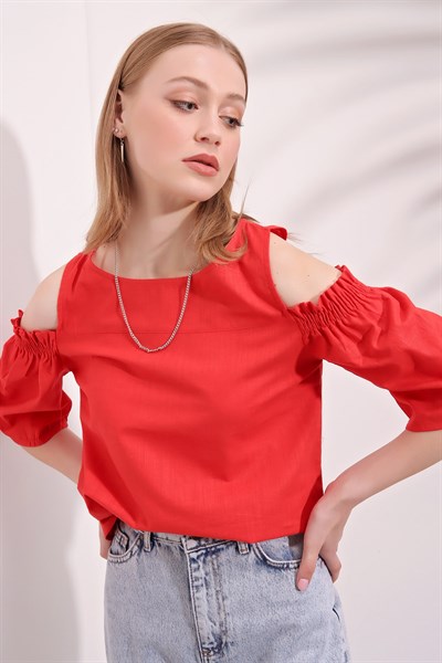 Kadın Kırmızı Omuz Açık Lastikli Bluz