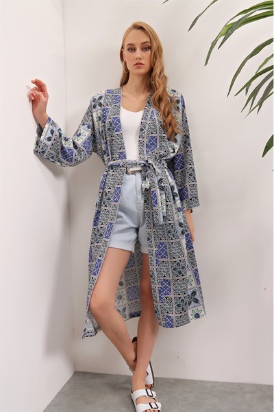 Kadın Mavi Kuşaklı Kimono Ceket