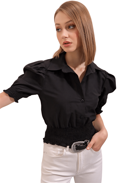 Kadın Siyah Beli Gipeli Gömlek Yaka Bluz