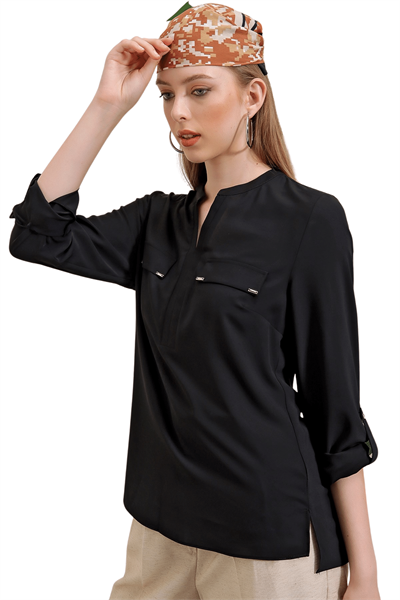 Kadın Siyah Şifon Cep Kapaklı Gömlek