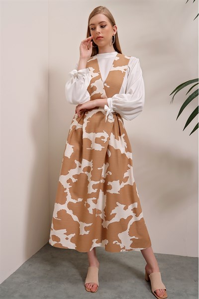 Kadın Camel Kamuflaj Desen Bluz Jile Takım