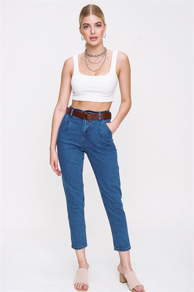 Kadın Koyu Mavi Denim Kemerli Kot Pantolon