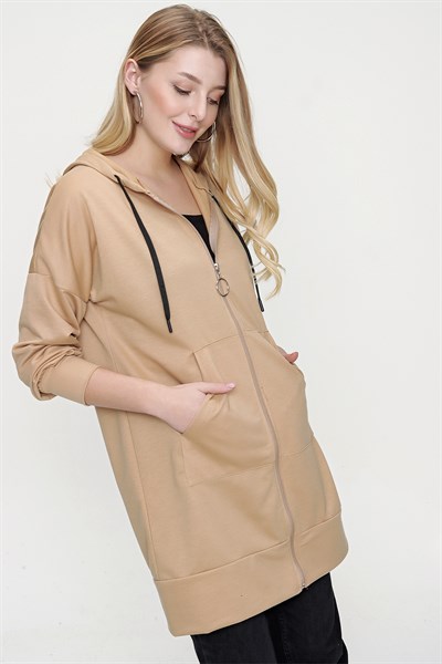 Kadın Camel Kanguru Cepli Fermuarlı Sweat