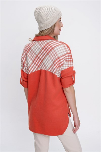 Kadın Orange Tek Cep Parçalı Oduncu Gömlek