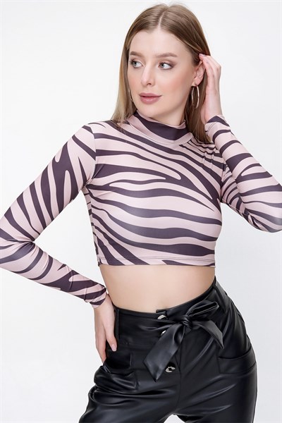 Kadın Siyah-Vizon Zebra Desen Crop Bluz