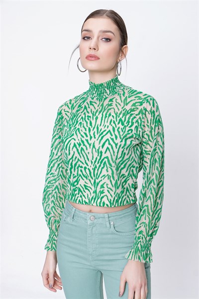 Kadın Yeşil Zebra Desen Tül Bluz