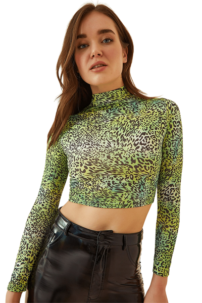 Kadın Yeşil Kırık Desen Crop Bluz