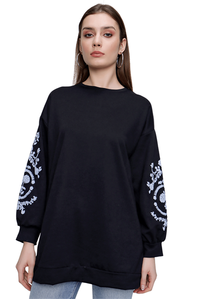 Kadın Siyah Kolları Çiçek Kabartma Sweat