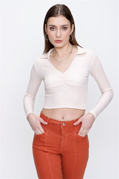 Kadın Bej Polo Yaka Crop Bluz