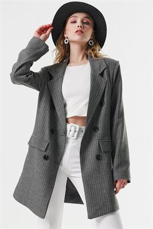 Kadın Açık Gri Çizgili Blazer Ceket
