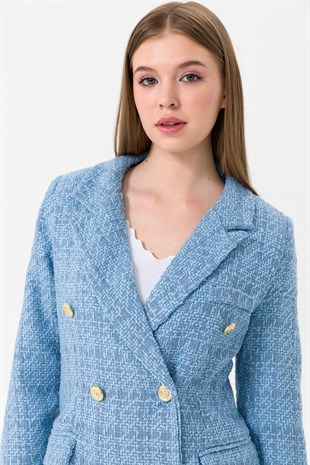Kadın Bebe Mavi Kruvaze Yaka Metal Düğmeli Şanel Ceket