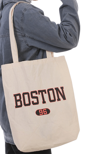 Kadın Bej Boston Baskılı Bez Shopper Çanta