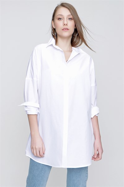 Kadın Beyaz Cepsiz Gömlek Tunik
