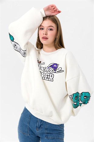 Kadın Ekru Bisiklet Yaka Baskılı Oversize Sweat