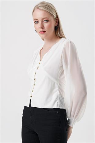 Kadın Ekru Önü Düğmeli Transparan Kol Bluz