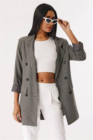 Kadın Gri Çizgili Blazer Ceket