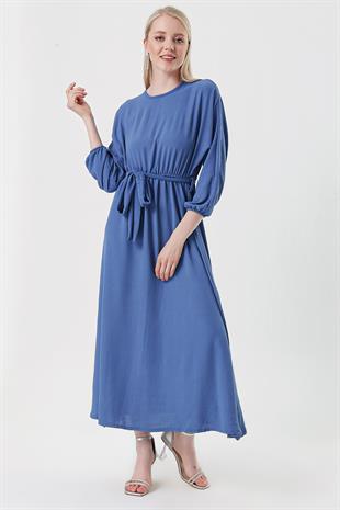 Kadın İndigo Kuşaklı Ayrobin Elbise