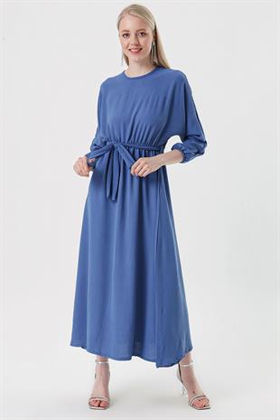 Kadın İndigo Kuşaklı Ayrobin Elbise