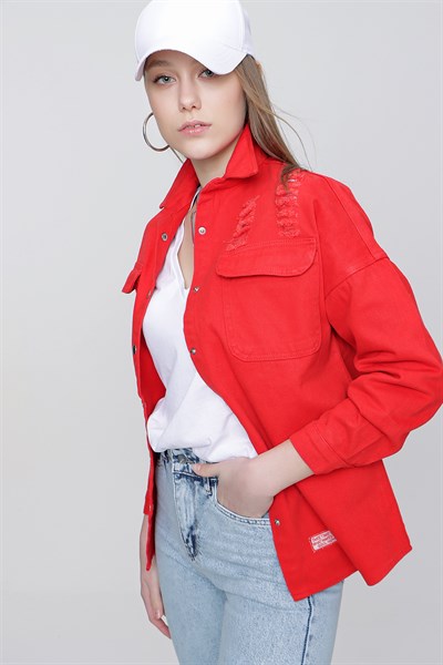 Kadın Kırmızı Çıtçıt Düğmeli Jean Kot Gömlek