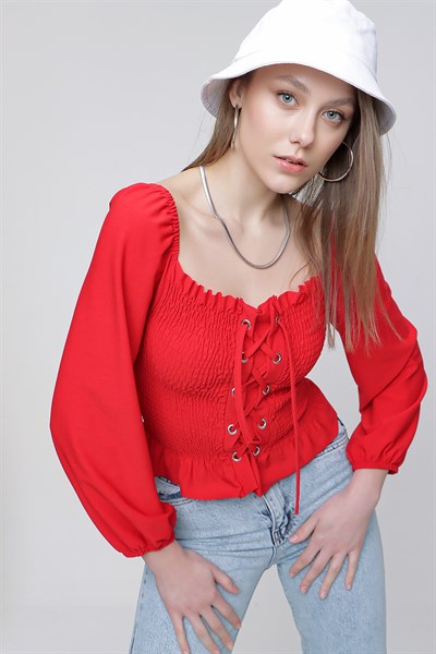 Kadın Kırmızı Gipeli Korse Crop Bluz