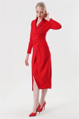 Kadın Kırmızı Şal Yaka Önü Büzgülü Elbise