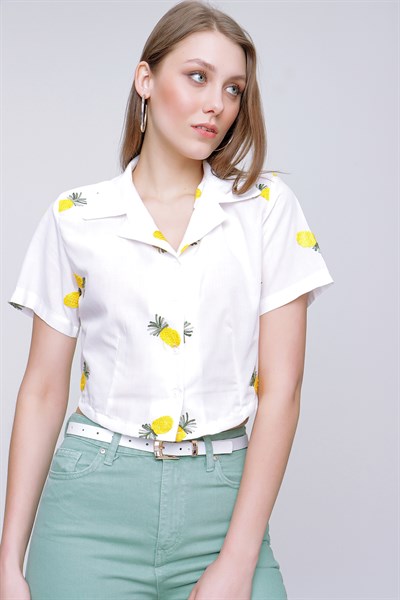 Kadın Krem Ananas Nakışlı Crop Gömlek