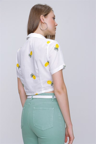 Kadın Krem Ananas Nakışlı Crop Gömlek